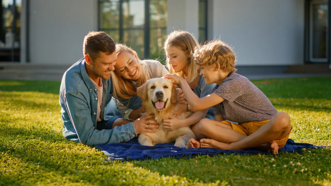 Smiling Portrait of Beautiful Family of Four Having Picnic on the Lawn, Posing with Happy Golden Retriever 