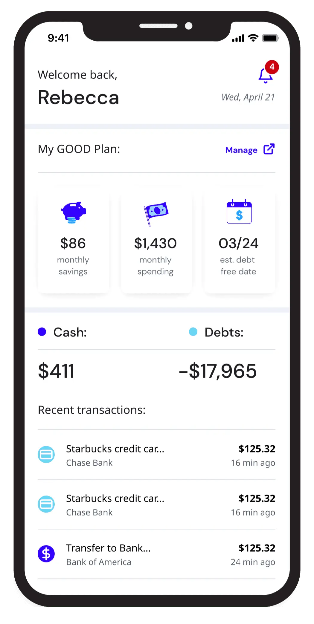 A dashboard showing a Get Out of Debt plan where a user has debts of -$17,965 and cash of $411 and their estimated monthly spending and debt free date.