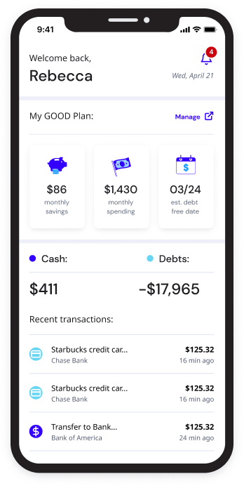 A dashboard showing a Get Out of Debt plan where a user has debts of -$17,965 and cash of $411 and their estimated monthly spending and debt free date.