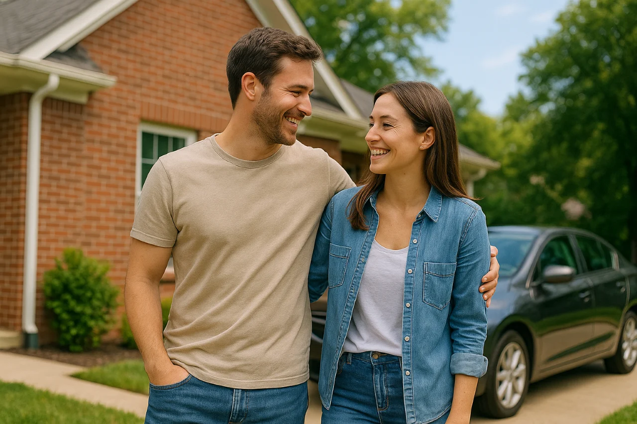 young couple standing in driveway near house and car